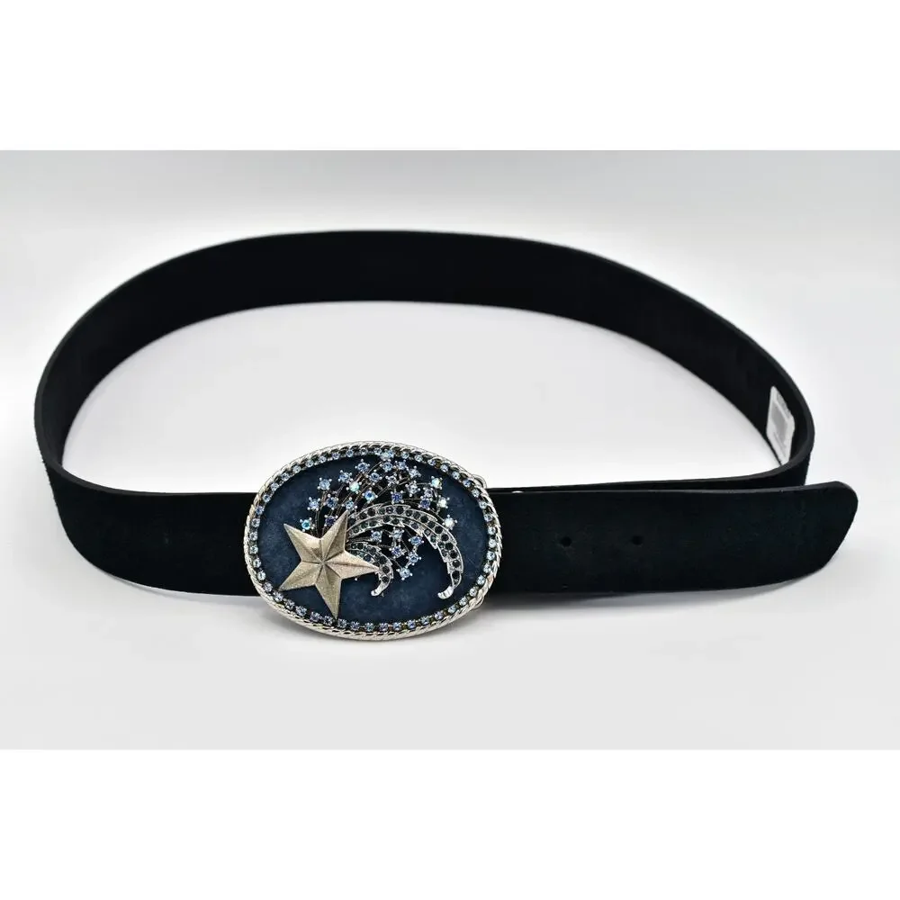 3G Buckles Black Suede Belt L 36-38 Celestial Star Blue Rhinestone Buckle Y2K